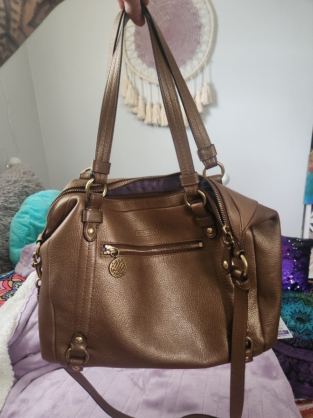 Coach Alexandra Convertible Pebbled Leather Satchel In Metallic Bronze